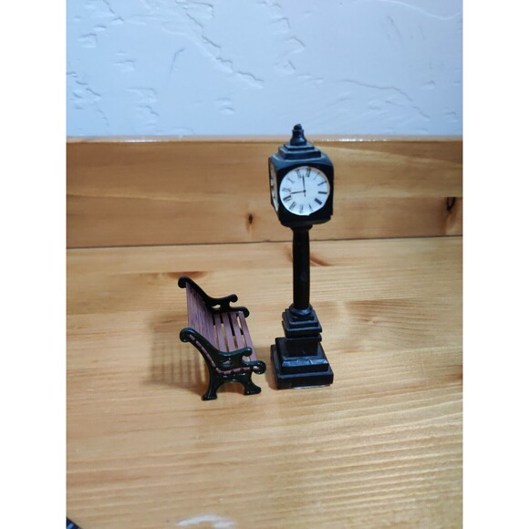 Lemax Village Accessory Black Town Clock Tower City Center + Metal Park Bench - Picture 4 of 6